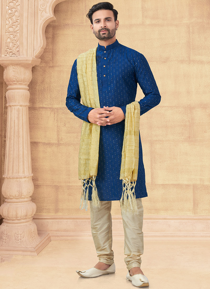 Blue Banglori Silk Sequins Kurta Pyjama
