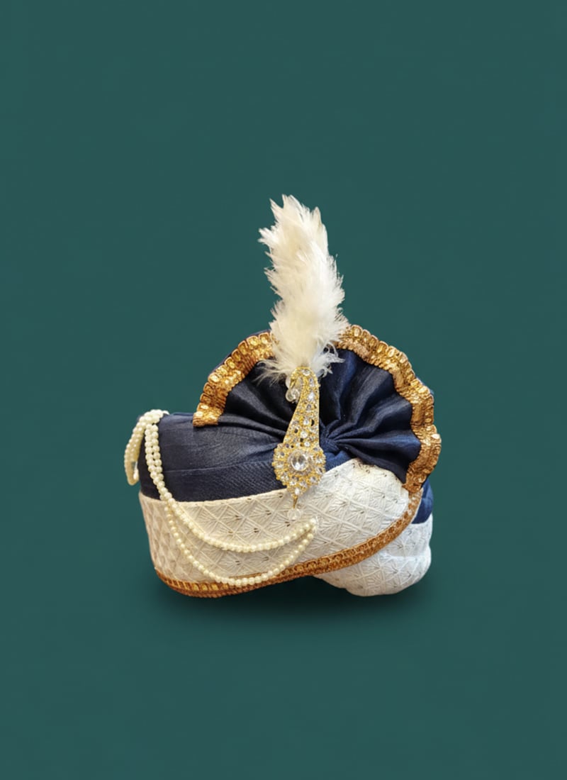 Blue Banglory Silk Sequins Turban With Brooch