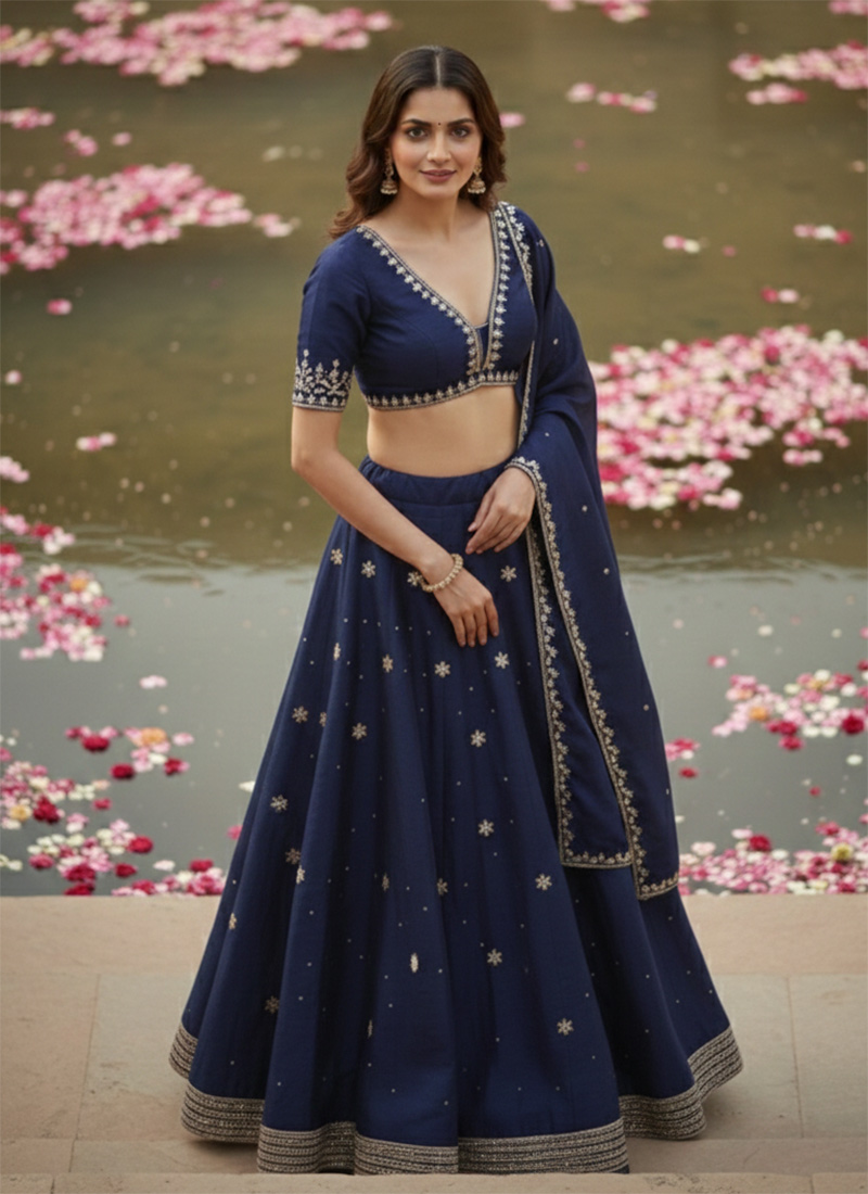 Blue Banglory Silk Zari Hand Embroidered Sequins With Stone Work Lehenga Wedding Wear