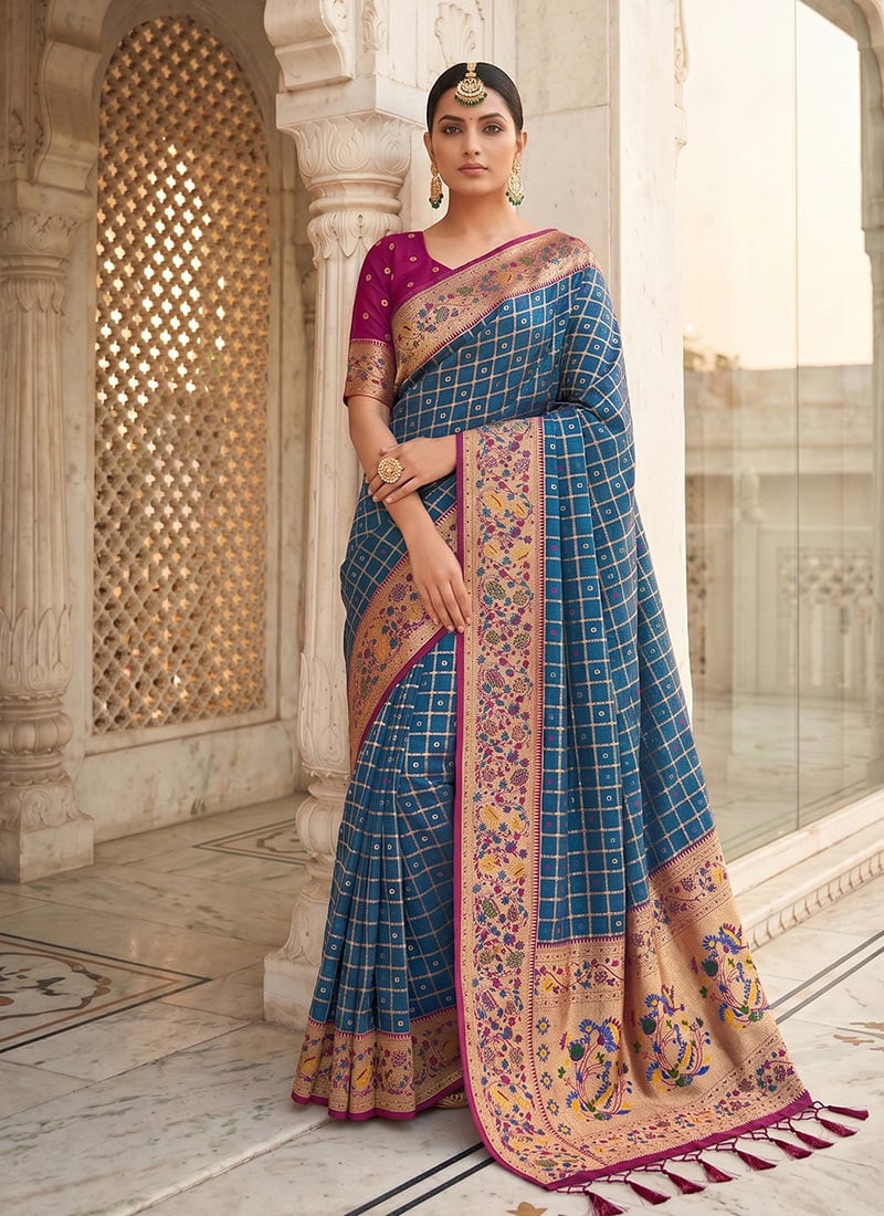 Blue Banrasi Silk Zari Woven Saree Festive Wear