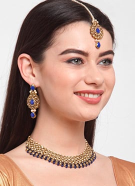 Blue Beaded Kundan Golden Plated Necklace Set