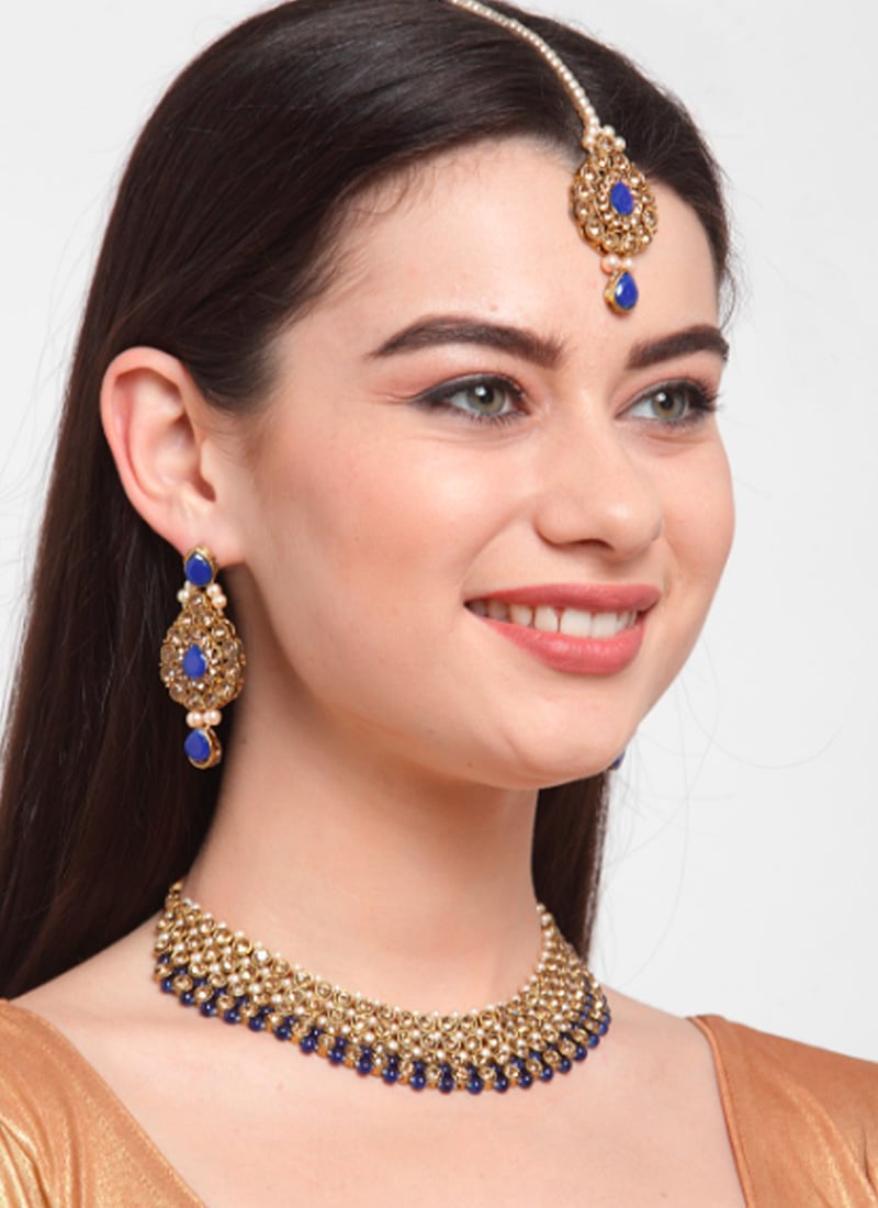 Blue Beaded Kundan Golden Plated Necklace Set