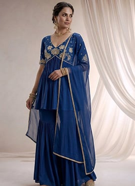 Blue Beads Sequins Hand Embroidered Silk Sharara Suit
