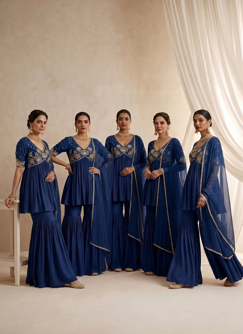 Blue Beads Sequins Hand Embroidered Silk Sharara Suit Festive Wear