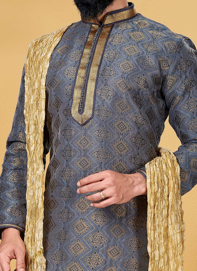 Anil Kumar Ajit Kumar  Men's Blue Cotton Silk Jacquard Kurta & Bottom Sets main image 1