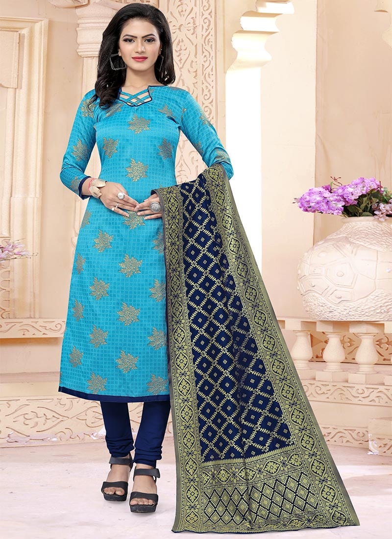 Blue Benarasi Art Silk Churidar Suit