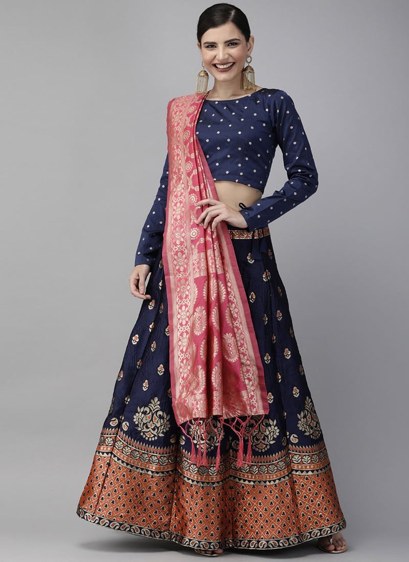 Blue Benarasi Silk Brocade A Line Lehenga For Diwali Festive Wear