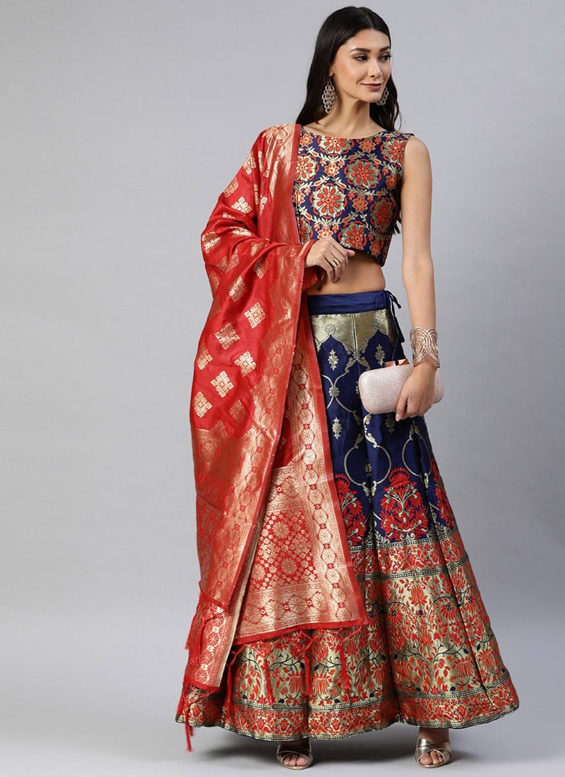 Blue Benarasi Silk Brocade A Line Lehenga
