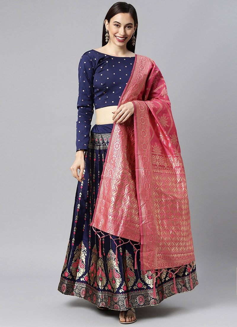 Blue Benarasi Silk Brocade A Line Lehenga Festive Wear