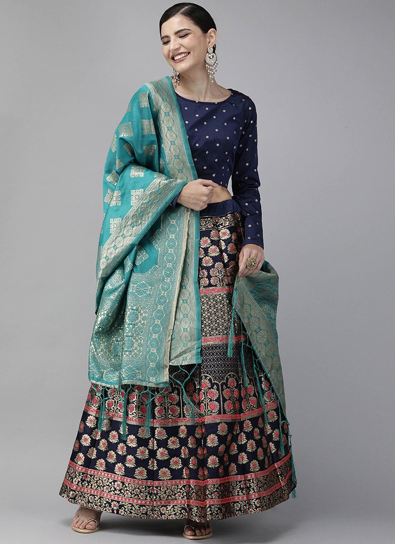 Blue Benarasi Silk Brocade A Line Lehenga With Green Festive Wear