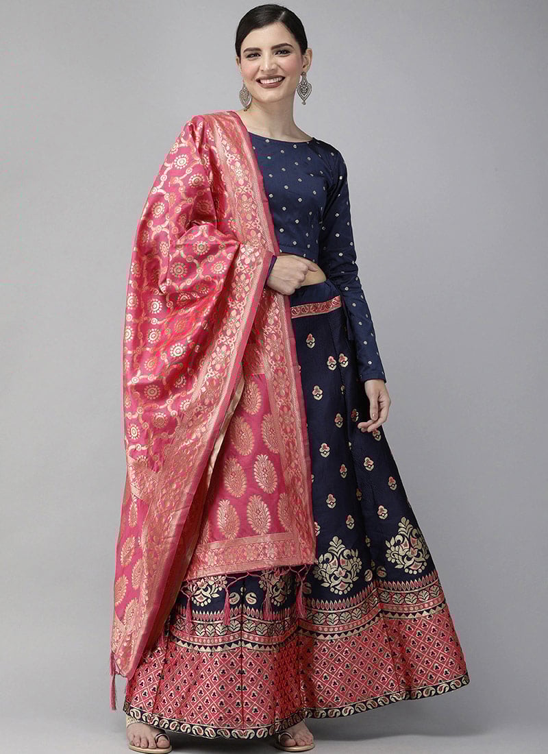 Blue Benarasi Silk Brocade A Line Lehenga With Pink Dupatta Festive Wear