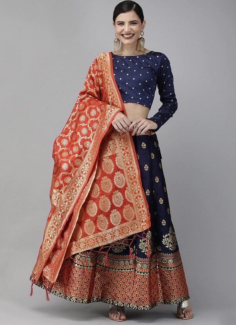 Blue Benarasi Silk Brocade Party Wear A Line Lehenga Festive Wear