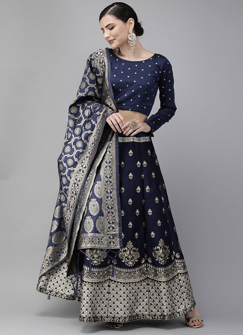 Blue Benarasi Silk Brocade Simple Party Wear A Line Lehenga Festive Wear