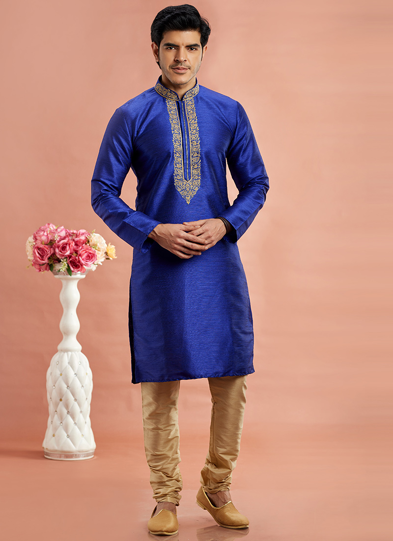 Blue Benarasi Silk Thread Embroidered Kurta Pyjama Festive Wear