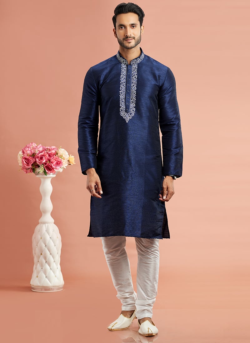 Blue Benarasi Silk Thread Embroidered Kurta Pyjama Festive Wear