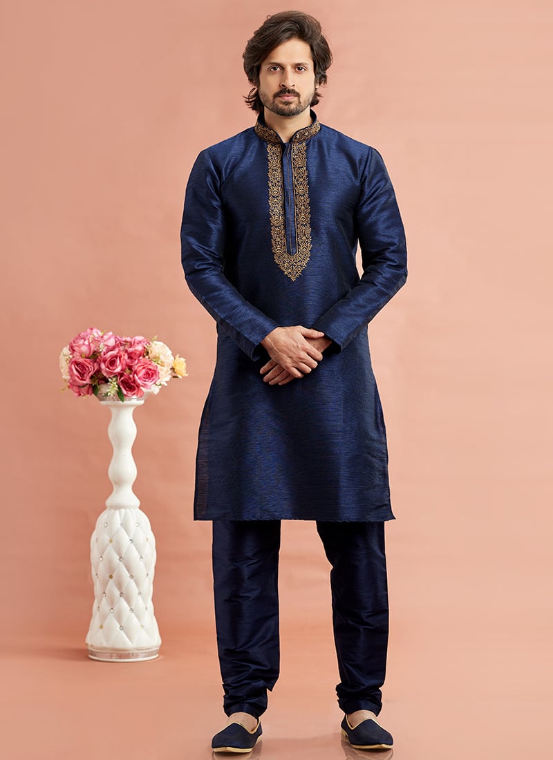 Blue Benarasi Silk Thread Embroidered Kurta Pyjama Festive Wear