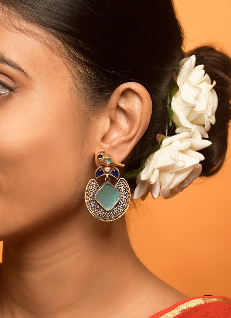 Blue Bird Motif Kundan Dangler Earrings Festive Wear