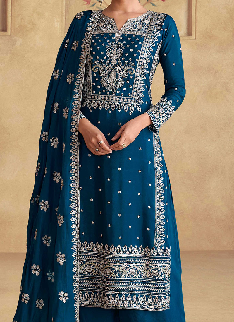 Pleasing Green Chinnon Silk Palazzo Style Suit
