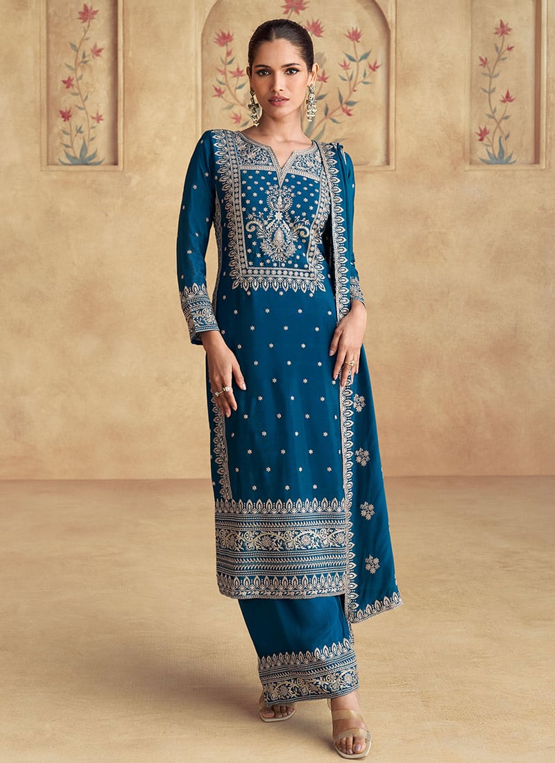 Blue Black Chinnon Silk Embroidered Sequins Pakistani Palazzo Suit Festive Wear
