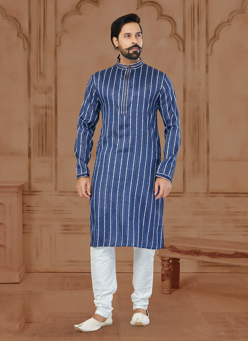 Blue Blended Cotton Kurta Pyjama Festive Wear