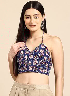 Blue Blended Cotton Printed Blouse