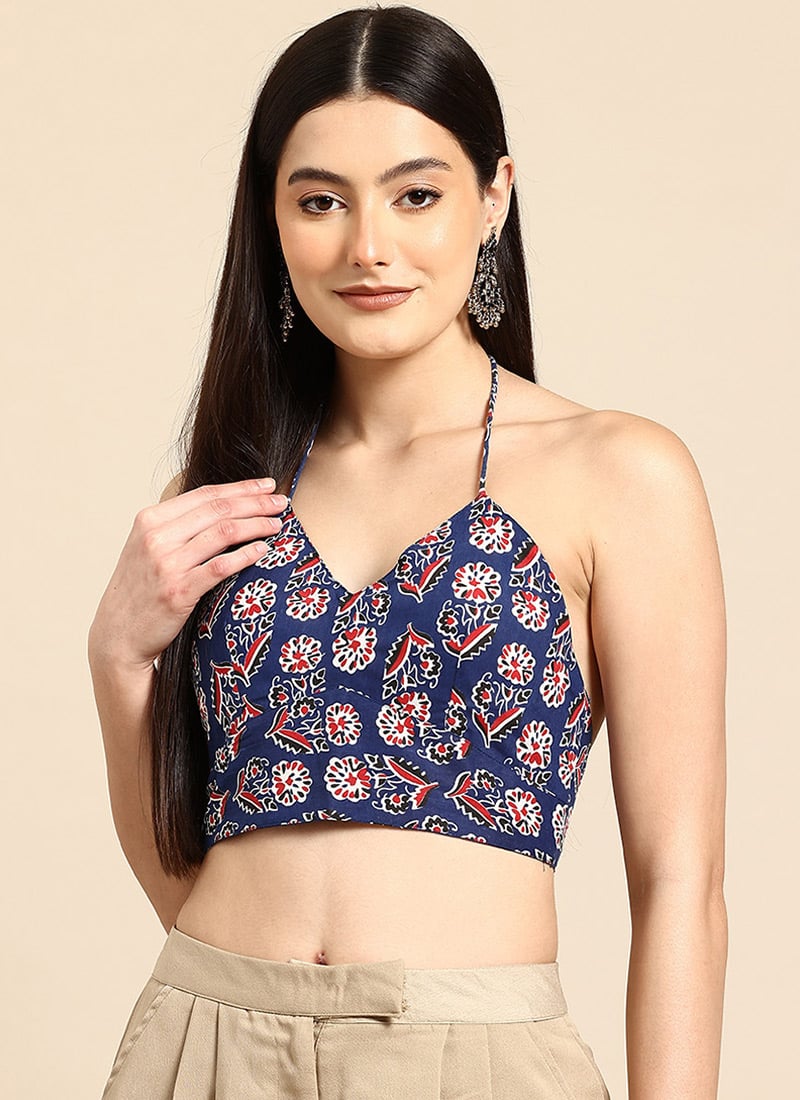 Blue Blended Cotton Printed Blouse After Six Wear