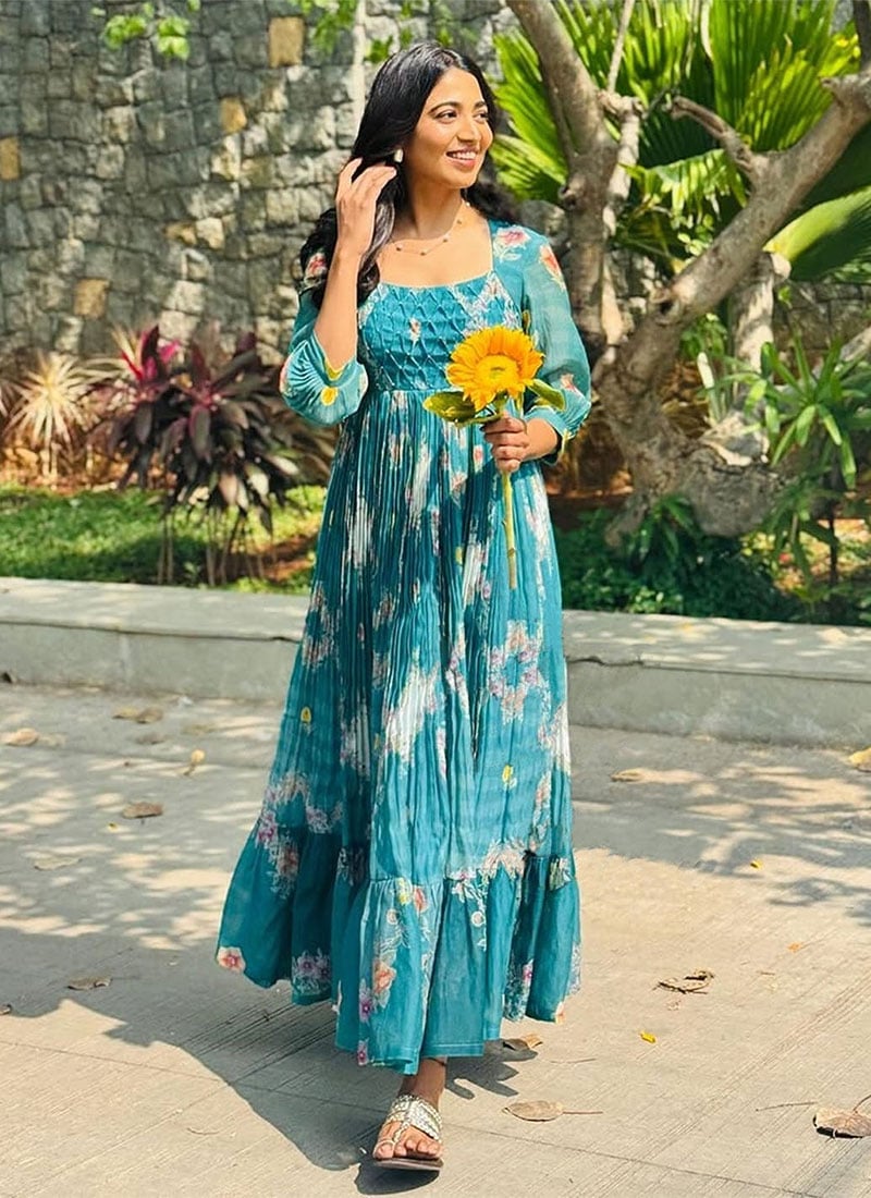Blue Blended Cotton Printed Fit And Flare Dress After Six Wear