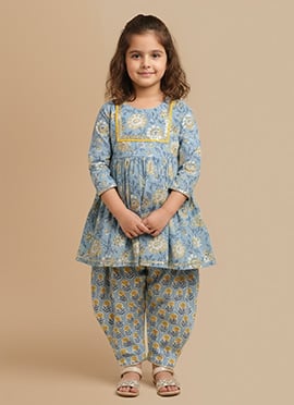 Blue Blended Cotton Printed Kurta Salwar Set