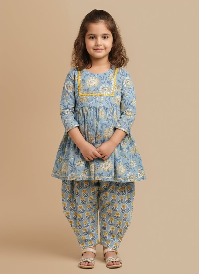 Blue Blended Cotton Printed Kurta Salwar Set After Six Wear