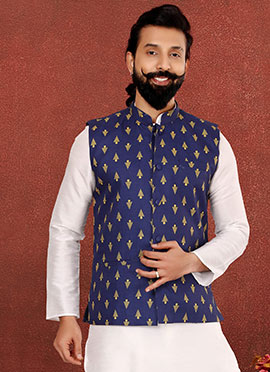 Blue Blended Cotton Printed Nehru jacket