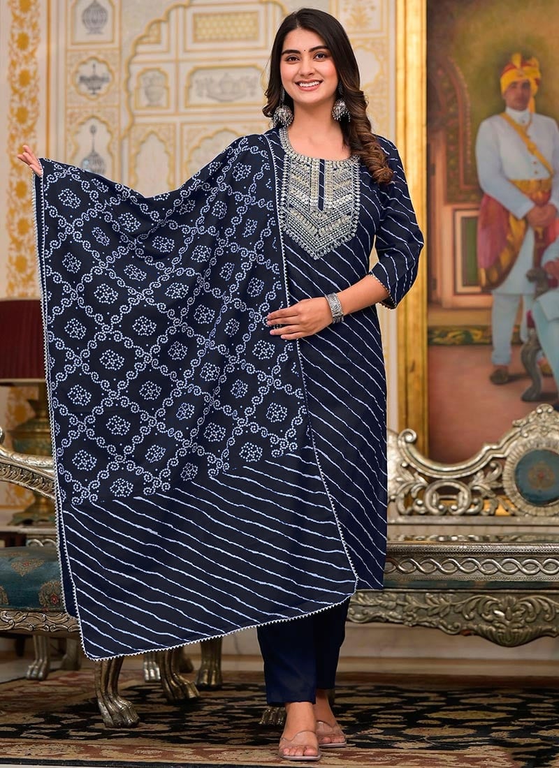 Blue Blended Cotton Printed Straight Pant Suit With Gota Work  After Six Wear