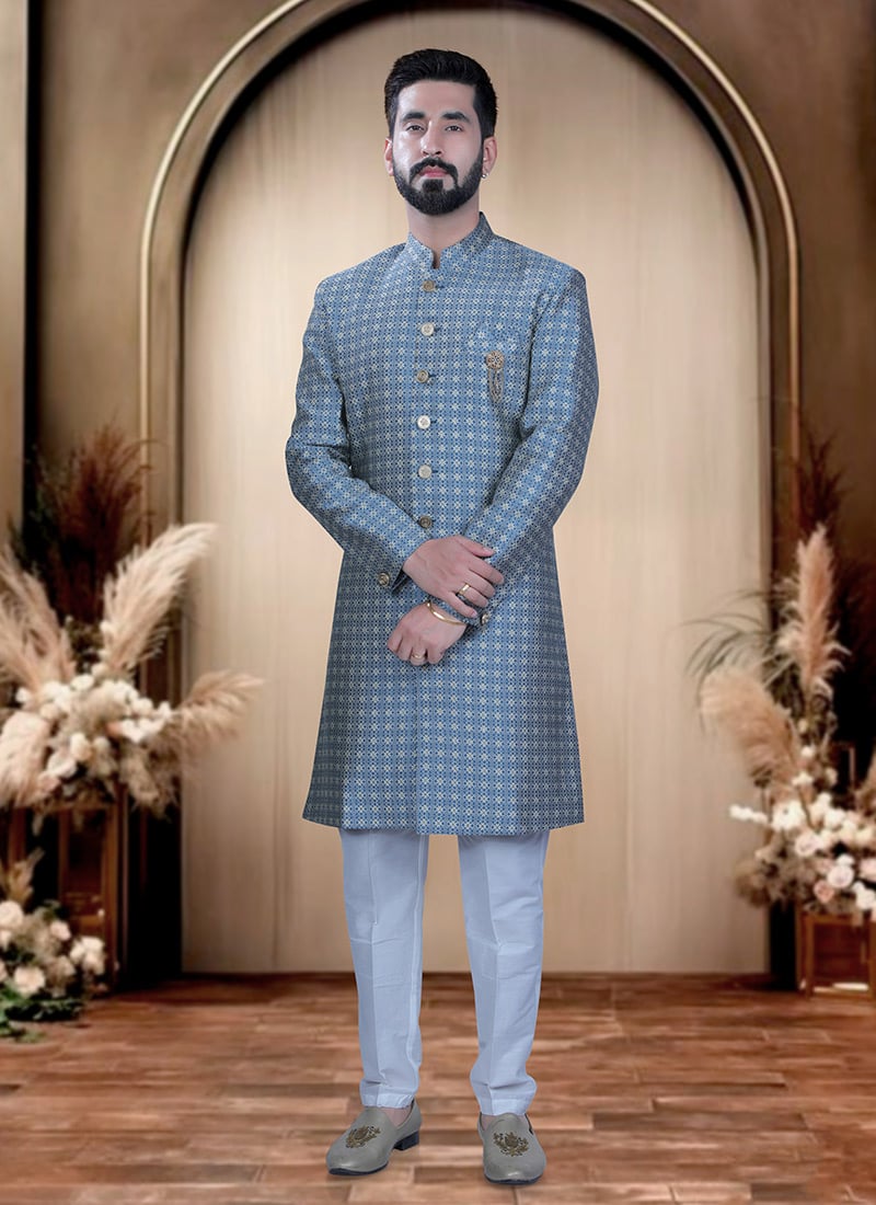 Blue Brocade Zari Indowestern Sherwani  For Men Wedding Wear