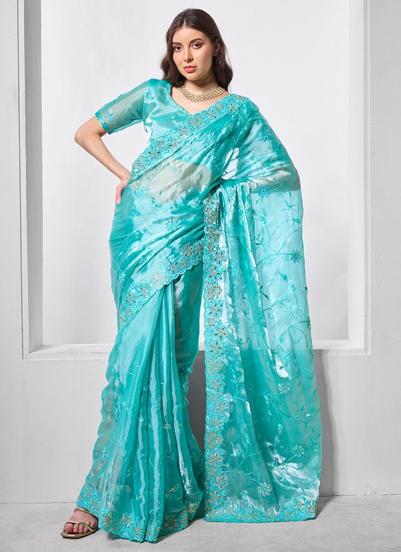 Blue Burburry Silk Thread Embroidered And Sequins Saree
