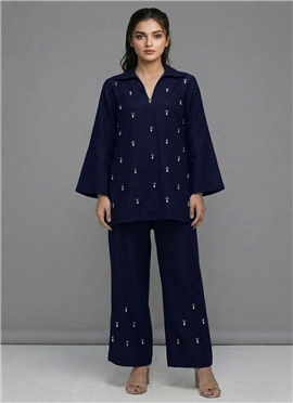 Blue Celestial Charm Linen Cotton Co Ord Set