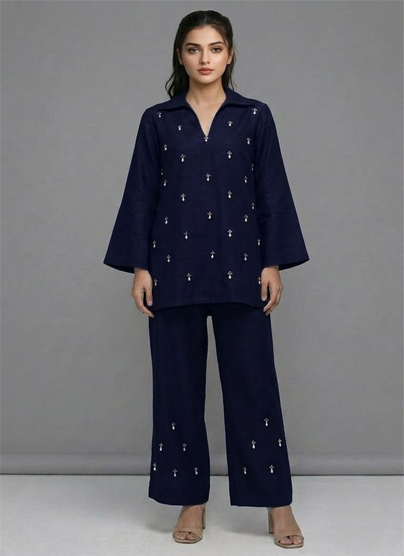 Blue Celestial Charm Linen Cotton Co Ord Set After Six Wear