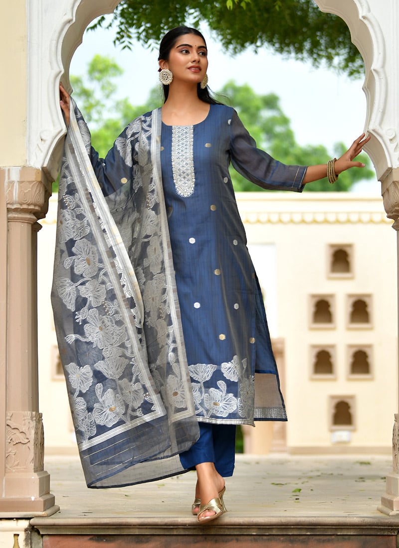 Blue Chanderi Cotton Foil Print  And Gota Straight Pant Suit After Six Wear