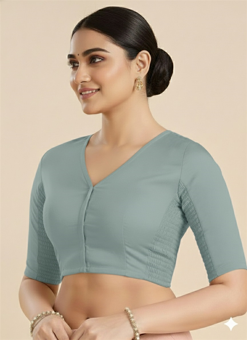 Blue Chanderi Cotton Smocking Blouse Party Wear