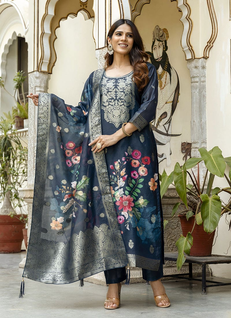 Blue Chanderi Cotton Zari And Digital Print Straight Pant Suit Festive Wear
