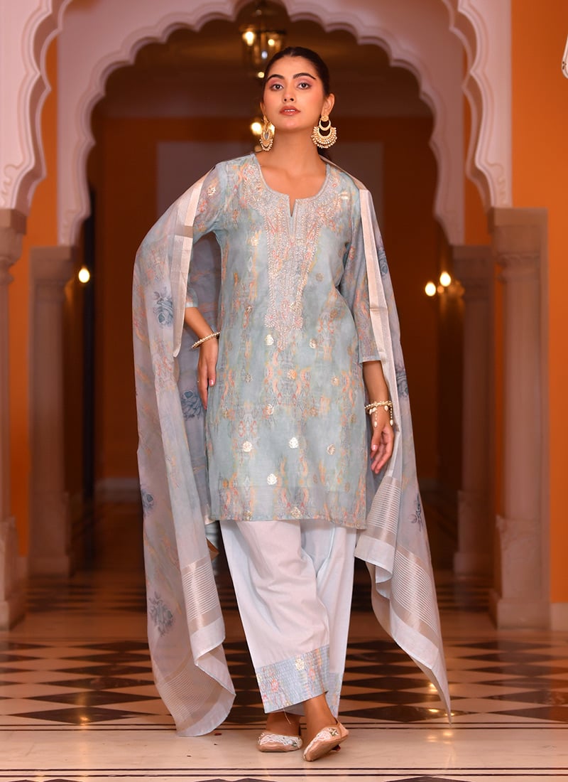 Blue Chanderi Cotton Zari Sequins And Beads Palazzo Suit After Six Wear