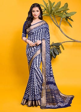Blue Chanderi Silk Indigo Print Saree