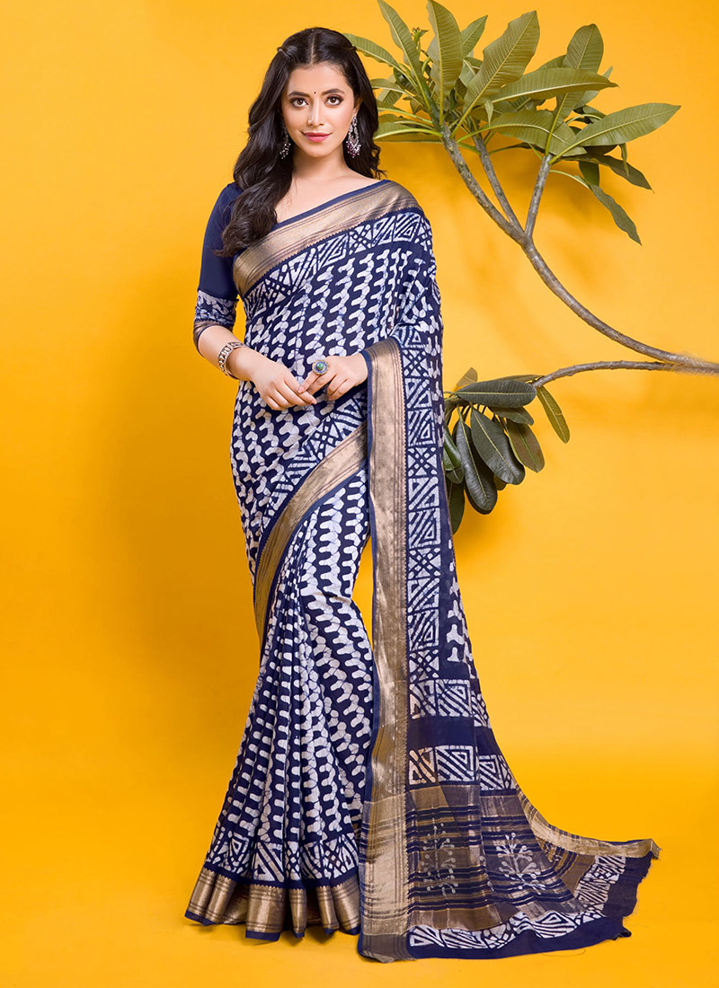 Blue Chanderi Silk Indigo Print Saree After Six Wear