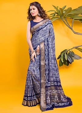 Blue Chanderi Silk Indigo Printed Saree
