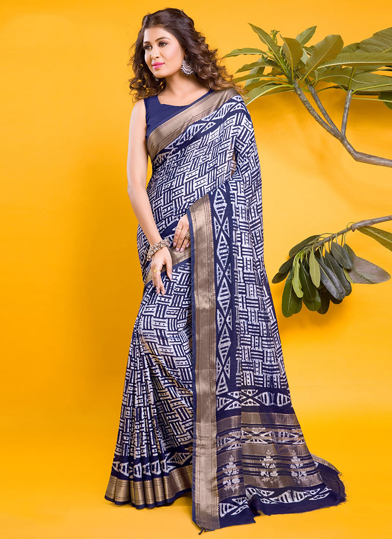 Blue Chanderi Silk Indigo Printed Saree After Six Wear