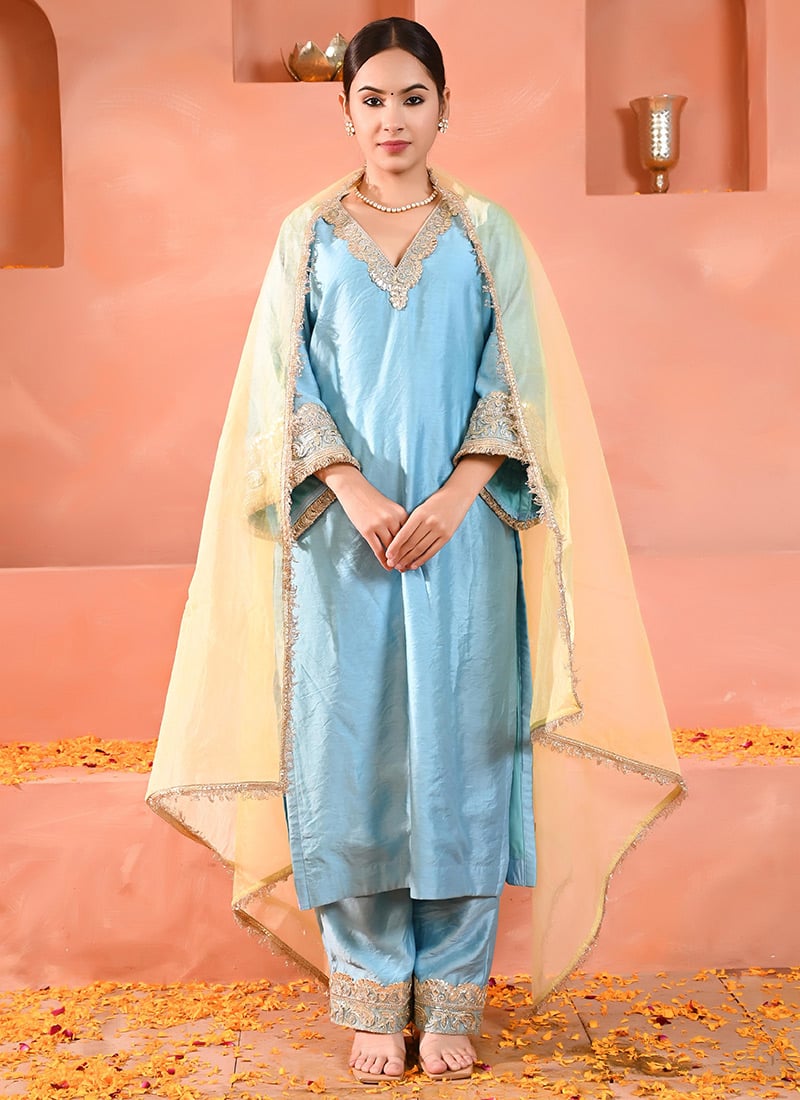 Blue Chanderi Solid Gota Lace Work Straight Pant Suit Festive Wear