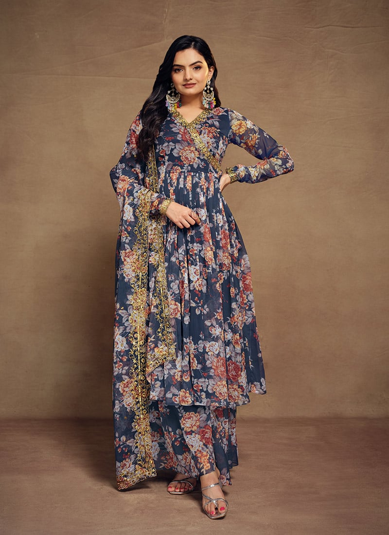 Blue Chiffon Angarkha Digital Print Anarkali Suit With Sequins And Zari Work Festive Wear