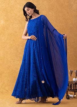 Blue Chiffon Bandhini Print Anarkali Gown