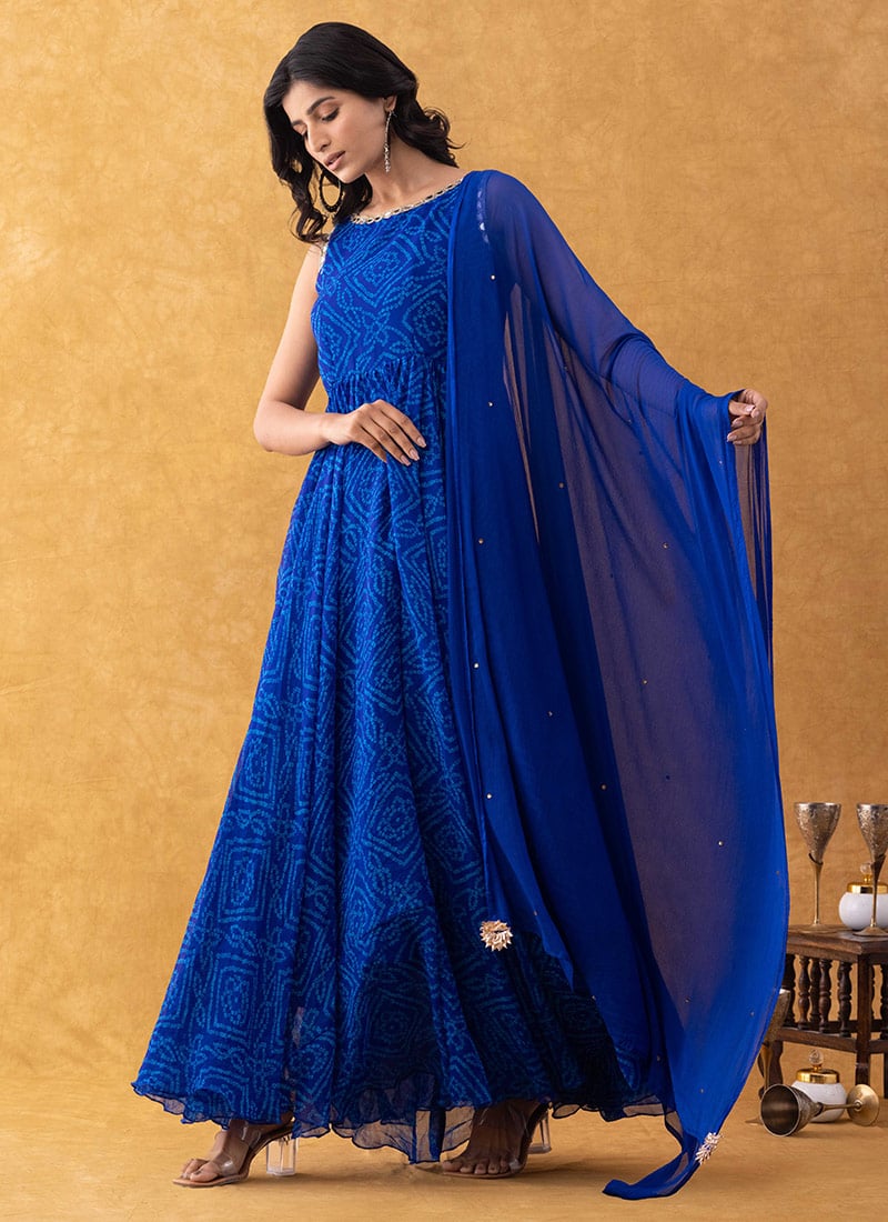 Blue Chiffon Bandhini Print Anarkali Gown After Six Wear