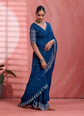 Blue Chiffon Embroidered Tikki Work Thread Saree