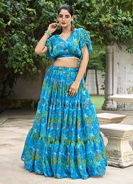 Blue Chiffon Floral Print Indowestern Skirt Set  After Six Wear