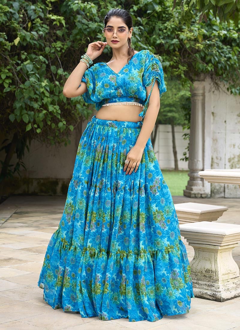 Blue Chiffon Floral Print Indowestern Skirt Set  After Six Wear